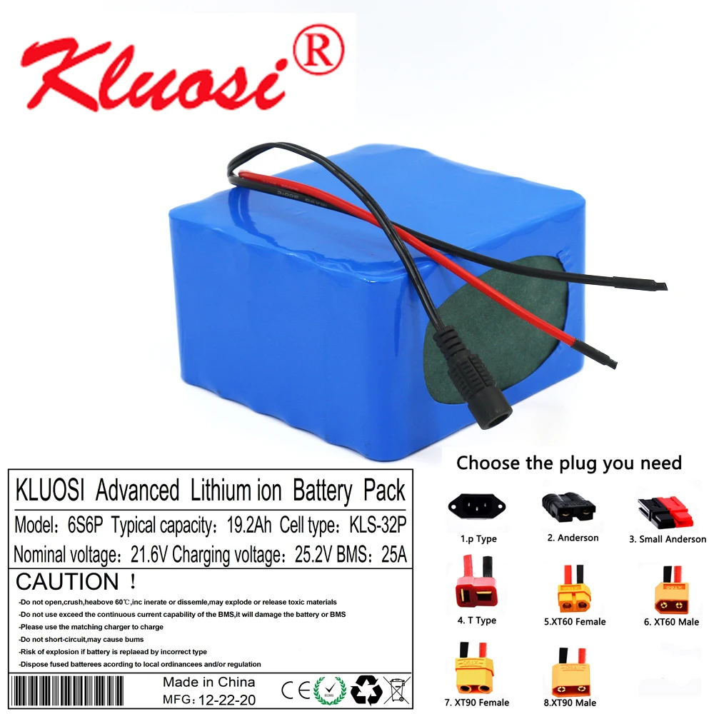 

KLUOSI 6S6P 24V 19.2Ah 21.6V 20Ah 25.2V Lithium Battery Pack with 25A BMS for Electric Bicycle Ebike Scooter Wheelchair Cropper