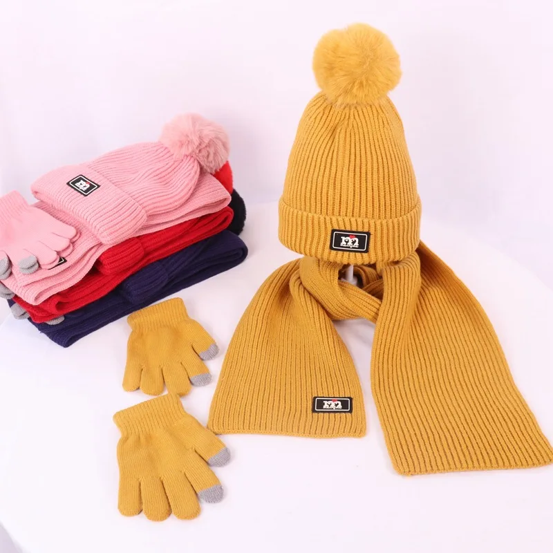 

Children's Winter/Autumn Woolen Three-piece Sweater Cap For Boys And Girls Knitted Warm Hat Scarf Gloves Set