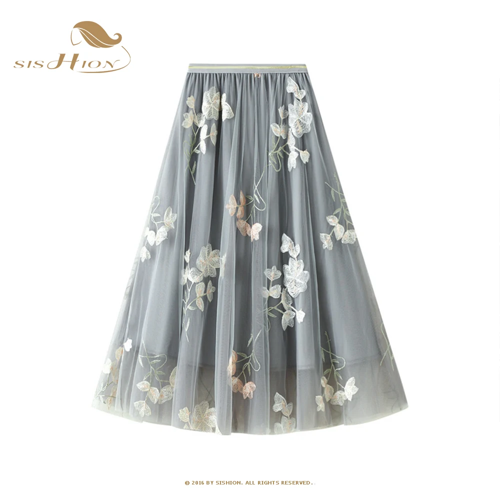 

SISHION Flower Embroidery Skirt Summer Princess Tulle Skirts Womens Mesh A-line Saia Female Jupe Tutu Skirts Faldas Mujer VD2076