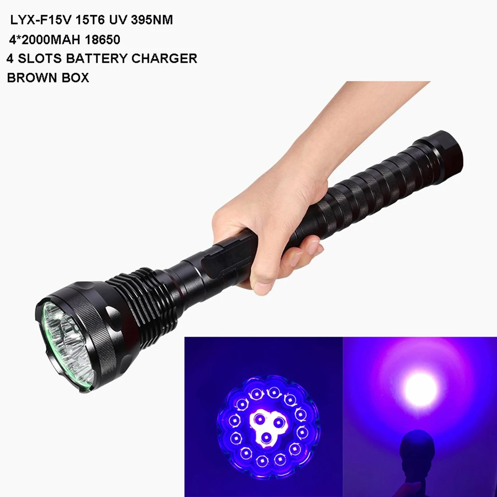 

Strong Light 15pcs XML T6 UV Flashlight 18650 Super Power 395nm Ultra Violet Flash Torch Purple Led Lamps for Scorpion Detection