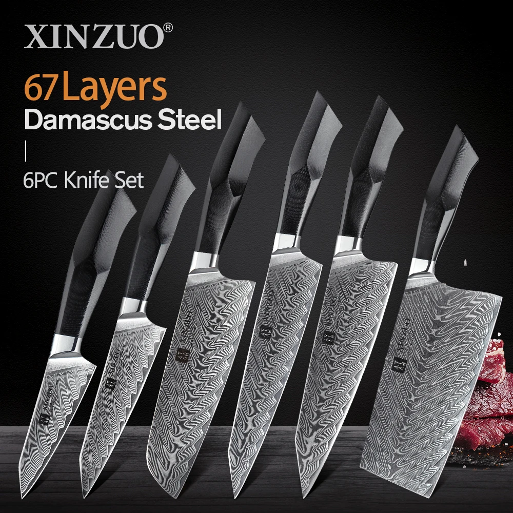 

XINZUO 6 PCS Knife Set VG10 Damascus Steel Slicing Chef Santoku Carving Big Cleaver Meat Paring Kitchen Knife Set G10 Handle