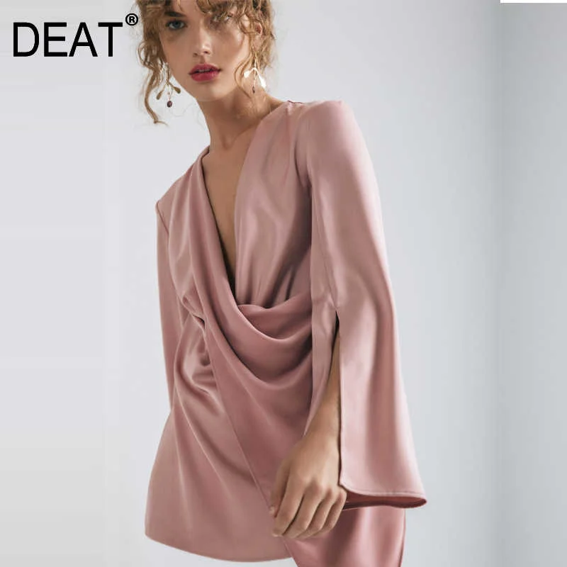 

Женская Асимметричная футболка [DEAT], Красная футболка с разрезом и длинным рукавом, с V-образным вырезом, новинка сезона осень-зима 2021, AG427