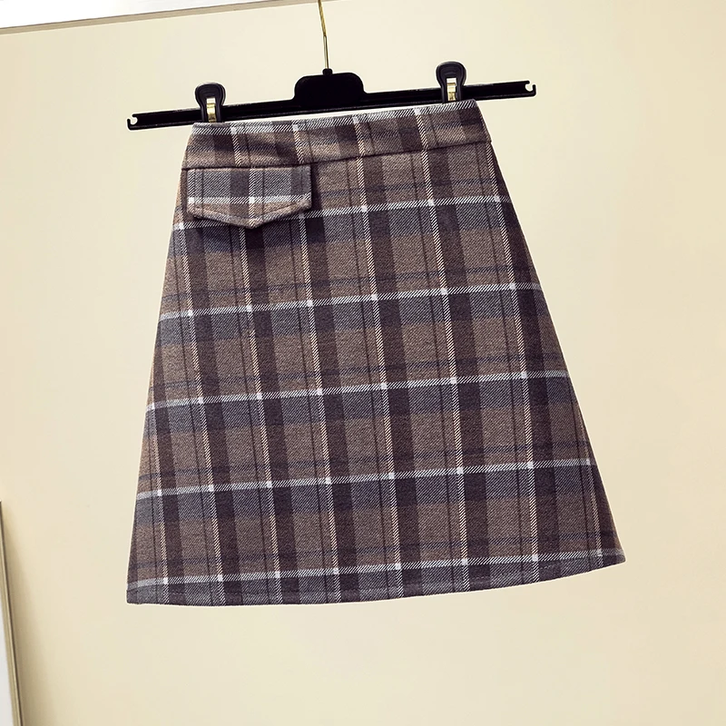 Plus Size 4XL Elastic Waist Women Skirt Woolen Plaid Stripe Mini Skirts 2019 Winter Warm Chic School Clothes |