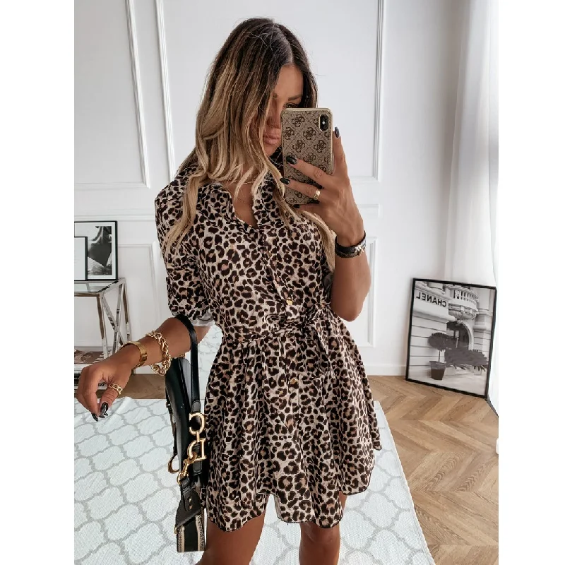 

Fashion Women Cover Up Animal Printed Shirts Dress Tie Waist Roll up Sleeve Buttons Down Pleated Dress