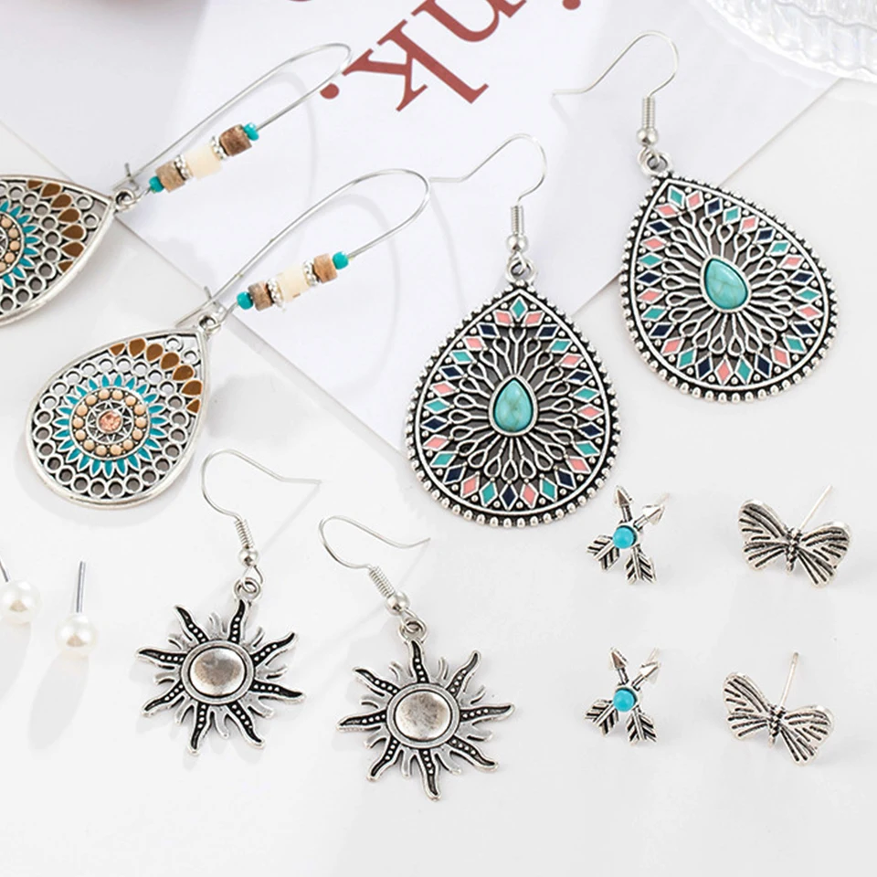 Богемный цветочный лист Луна Бабочка Круглый Комплект сережек для женщин