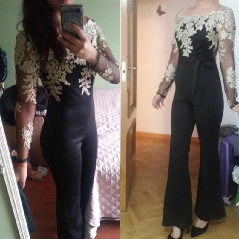 

SEBOWEL Sexy Off Shoulder Lace Jumpsuits Women Elegant Long Sleeve One Piece Wide Leg Pants Gold Appliques Rompers Lady Overalls