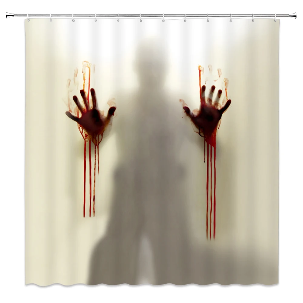 

Halloween Shower Curtains Horror Blood Handprint Hazy Silhouette Help Me Holiday Themed Bathroom Decor Polyester Curtain Set