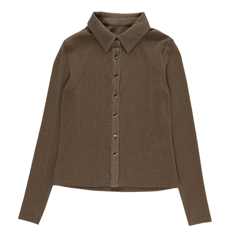 

Autumn Fashion Slim Sexy Shiner Transparent Knitted Single-breasted Long Sleeve Brown SML Woman Casual Shirt Lady Blouses