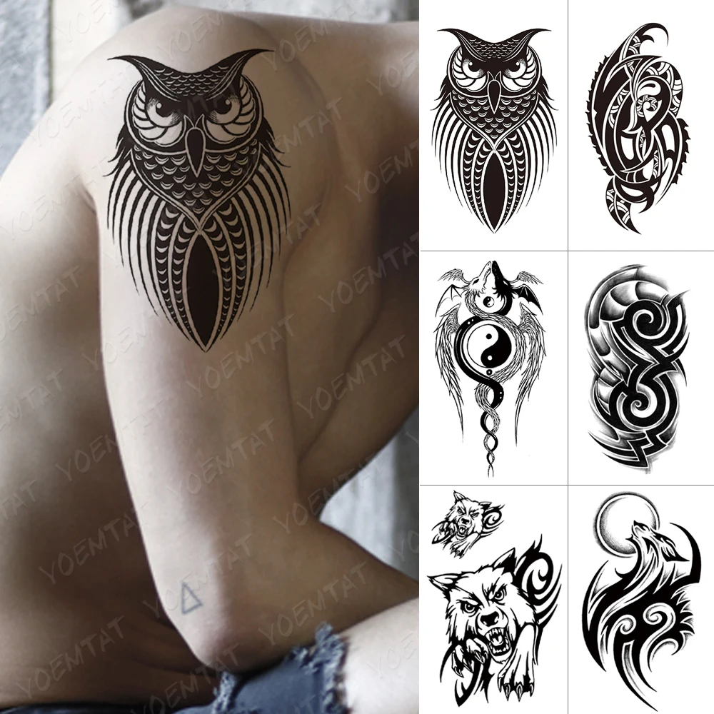 

Waterproof Temporary Tattoo Sticker Owl Totem Flash Tattoos Scorpion Dragon Body Art Arm Wolf Yin And Yang Fake Tatoo Men Women
