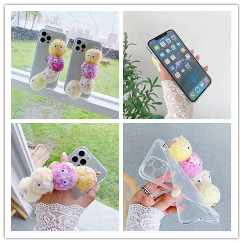 

Cartoon Hairball Wristband Chain Anti-fall Soft Shell For iPhone 13 12 11 Pro XS MAX XR X 8 7 6S Plus Transparent TPU Phone Case
