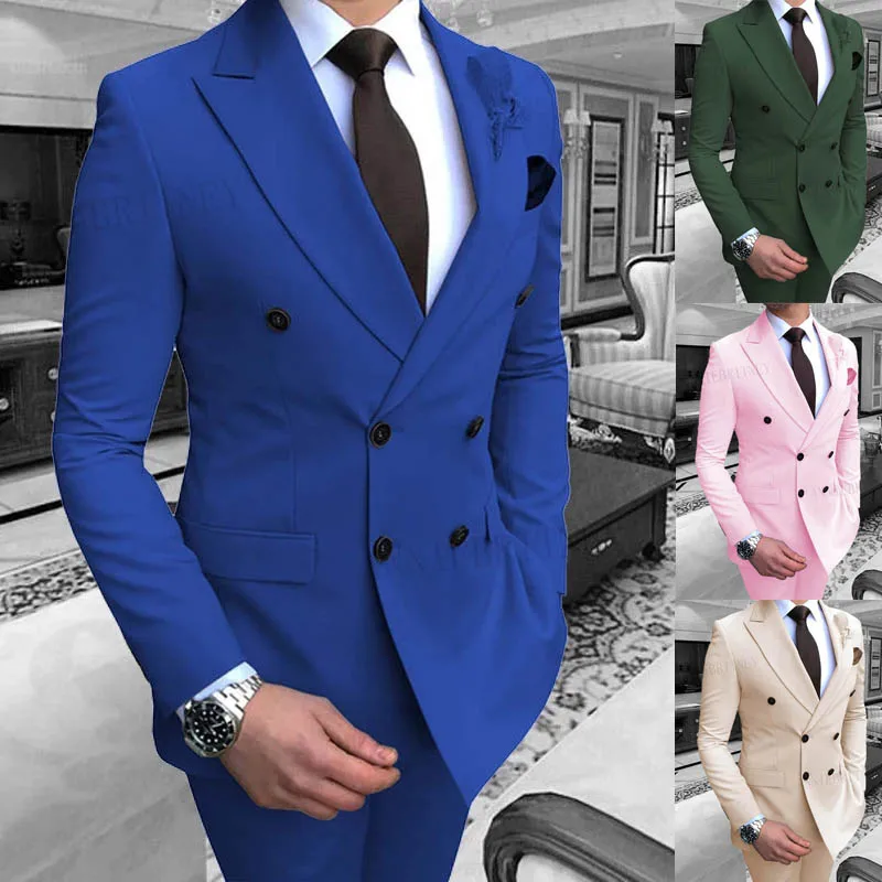

Brand Royal Blue Men Suit Set Double Breasted Groom Green Slim Fit Formal Tuxedo For Wedding Party Dress Male Blazer with Pants