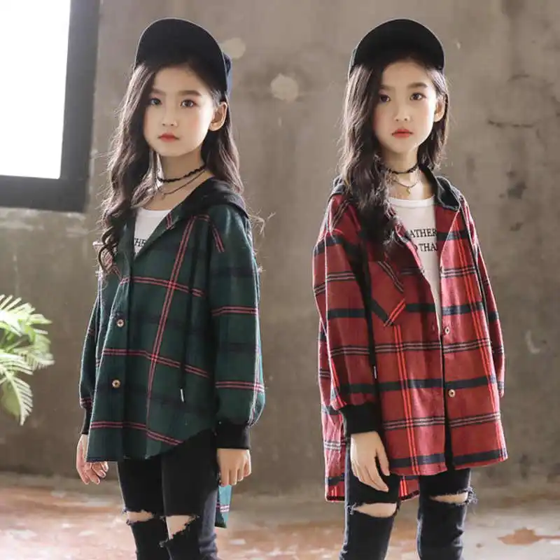 Hot 2019 Children Blouse Girl Cotton Green/Red Plaid Shirts for Teenagers Spring Autumn Fashion Hooded Cardigan Jacket 3 14Yrs|Блузки и