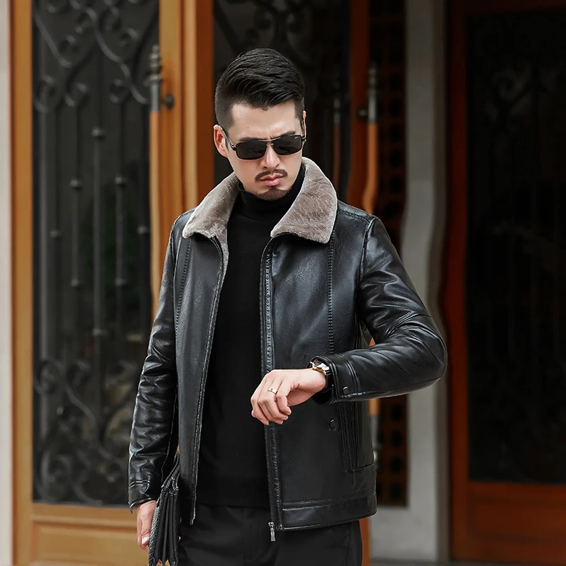 

Quality Coats PU High Outerwear Men Business Winter Faux Fur Leather warm Male Jacket