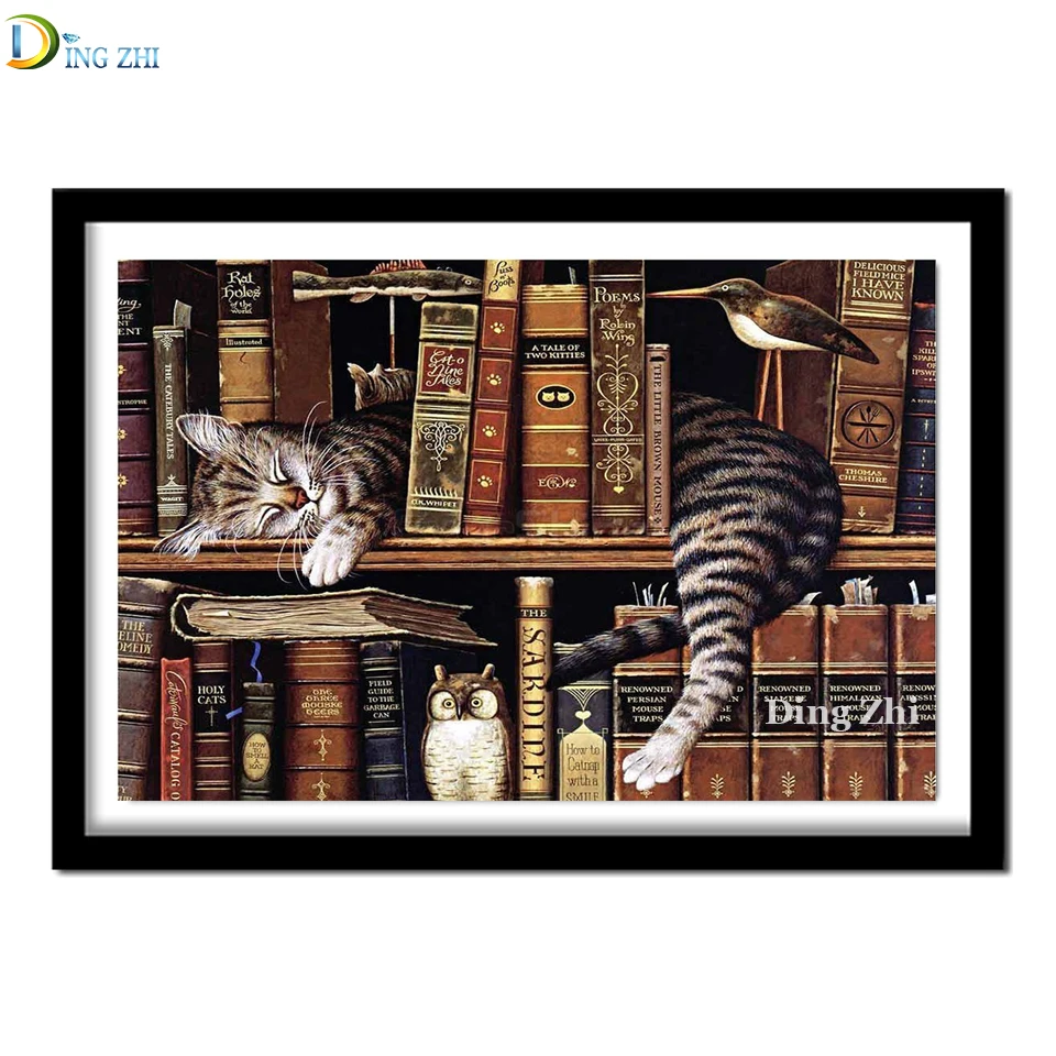 Алмазная 5D картина сделай сам с изображением кошки Стразы книжный шкаф полная