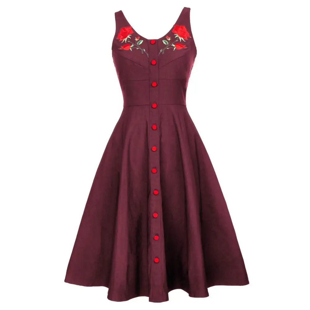 Женское винтажное ТРАПЕЦИЕВИДНОЕ ПЛАТЬЕ с цветочной вышивкой без рукавов u