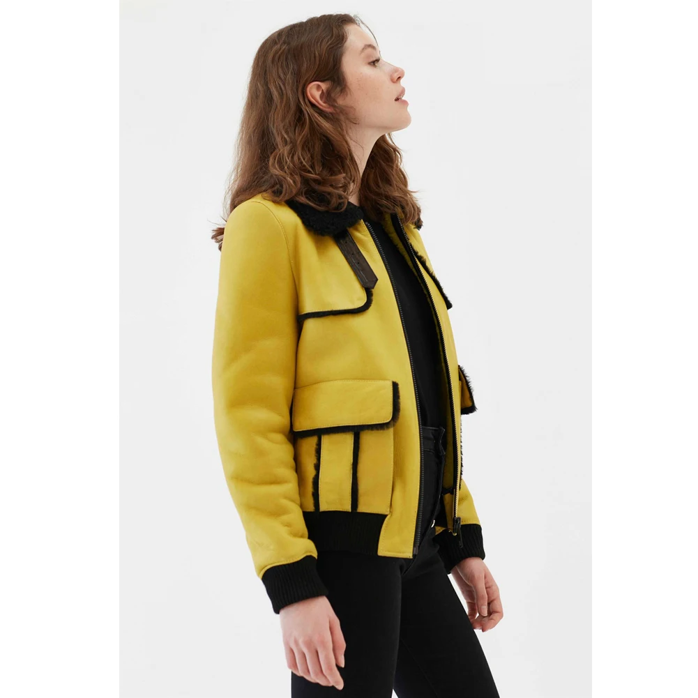 2019 New Womens Yellow Shearling Jacket Turkey Casual Fur Coat Fashion Short Outwear Warmest Winter Coats
