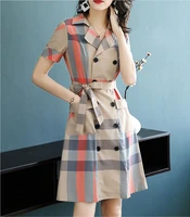 2021 spring and autumn new womens fashion plaid double breasted windbreaker turn skirt waist day temperament dress
