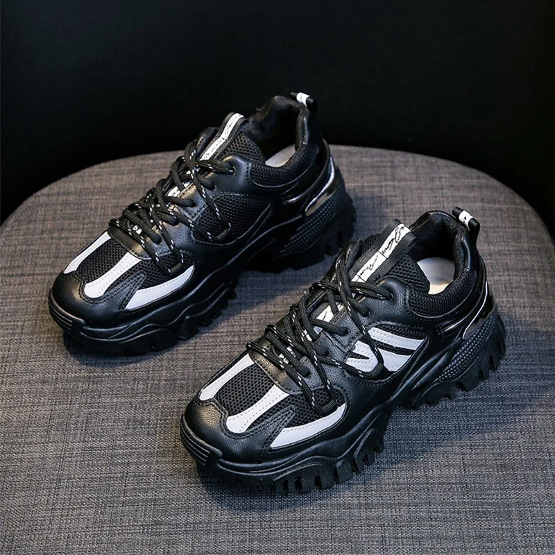 

Breathable Sneakers Women 2021 Spring Summer Casual Dad Shoes Fashion Black Beige Trainers Lace Up Chunky Platform Sneakers