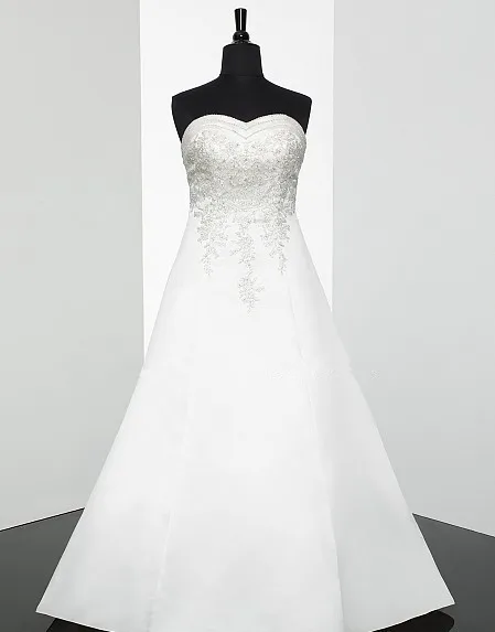 

A-line sweetheart neckline open back features re-embroidered lace split train lace applique corset closure ties wedding dress