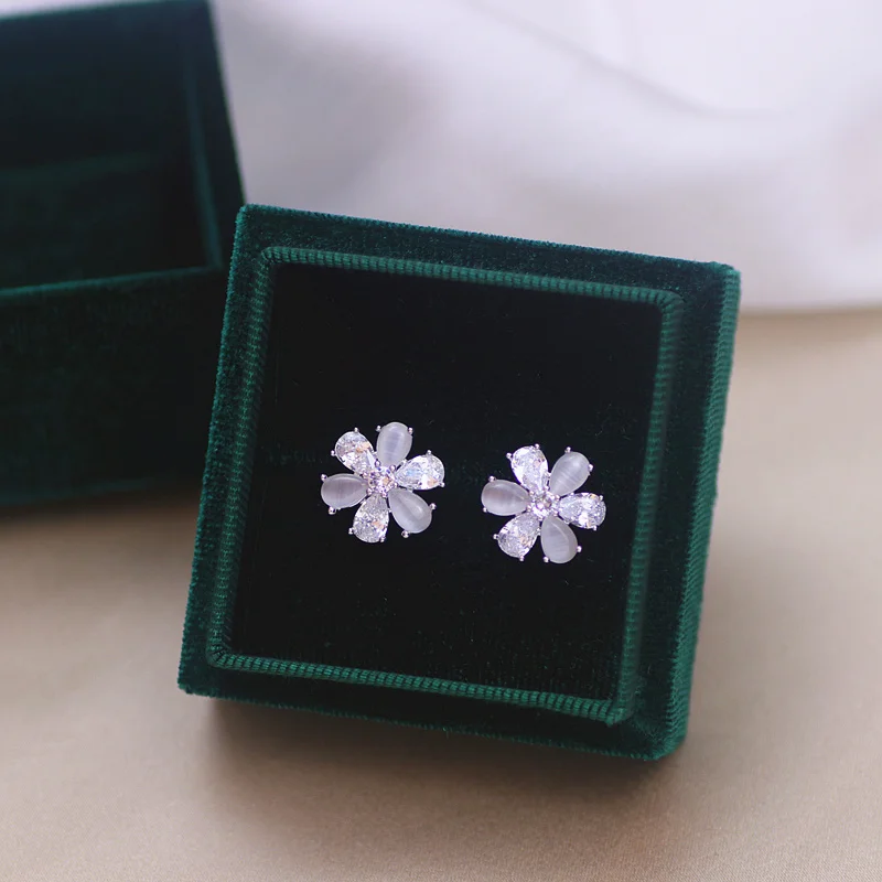2020 New Elegant Cubic Zircon Crystal Stud Earrings for Women Girls Sweet Opal Flower Earring Korean Fashion Party Jewelry | Украшения и