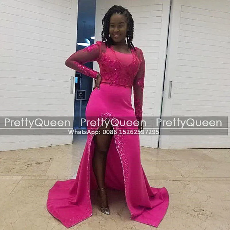 

Hot Pink Sheer Lace Full Sleeves Prom Dresses With Beads High Split Mermaid African Women Long Evening Dress Reception Party