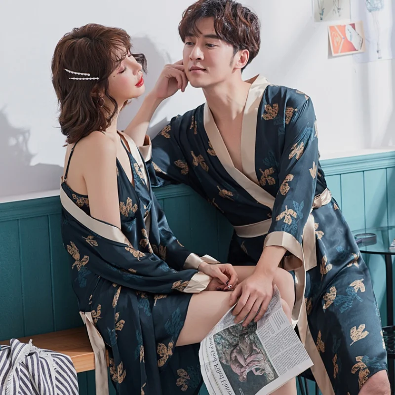 Luxury Print Men's Silk Kimono Robe Hotel Spa Shower Vacation Long Sleeve Sleepwear Bathrobe Wedding Satin Nightgown Summer