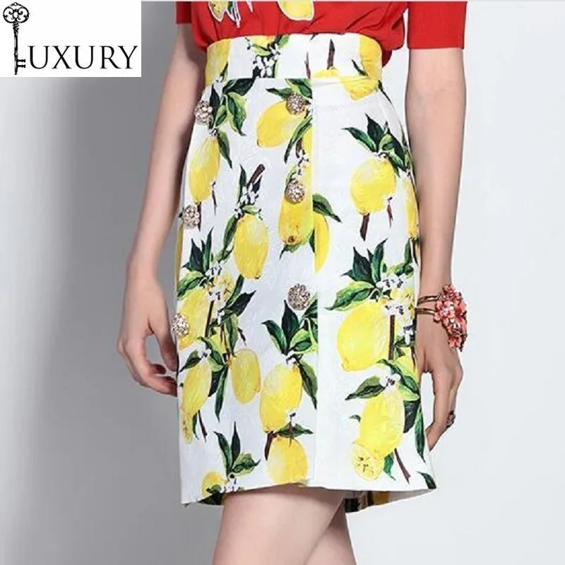 

Fashion High Waist New Style Autumn Spring Women Yellow Fruit Print Jewlery Beading Party Elegant Sexy Skirt Pencil