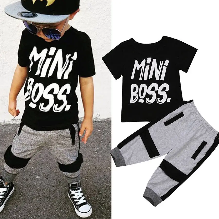 Pudcoco-Conjunto de ropa de 2 piezas para ni&ntilde;os peque&ntilde;os, camiseta Mini Boss con letras, Tops, pantalones, trajes de 1 a 6T-1