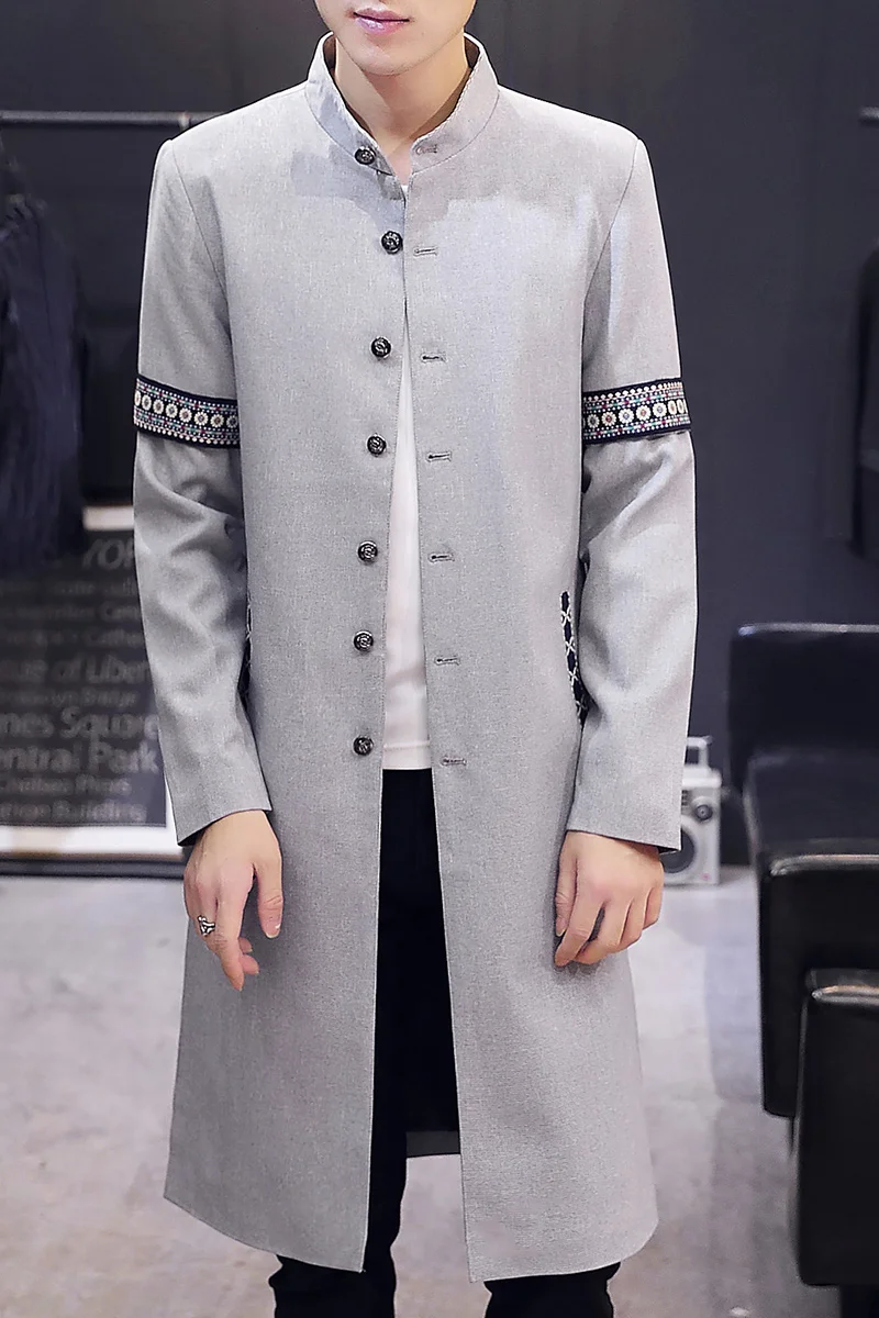 

Windbreaker men's 2021 spring and autumn Chinese wind over-the-knee coat cloak trendy men's stand-up collar tunic student slim w