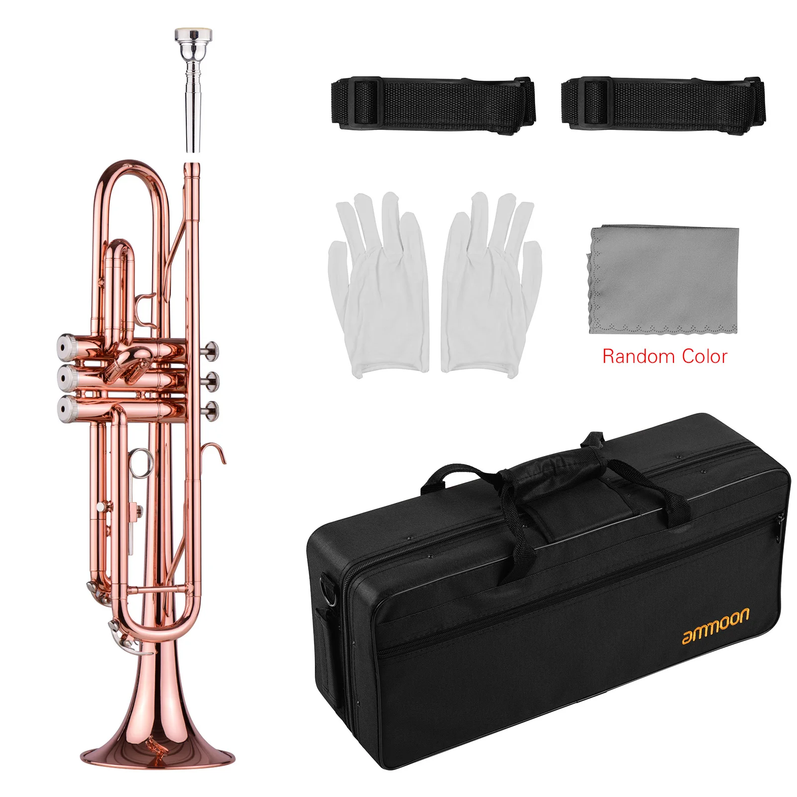 

Ammoon TR-180 Standard Bb Brass Trumpet with Hard Case Straps Mouthpiece Gloves Cleaning Cloth for Students Beginners