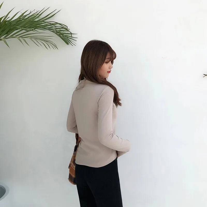 Ulzzang, корейский стиль, длинный рукав, одноцветная, женская футболка, водолазка, повседневная, тонкая, Roupas Feminina, боди, футболка, женская, черная, белая