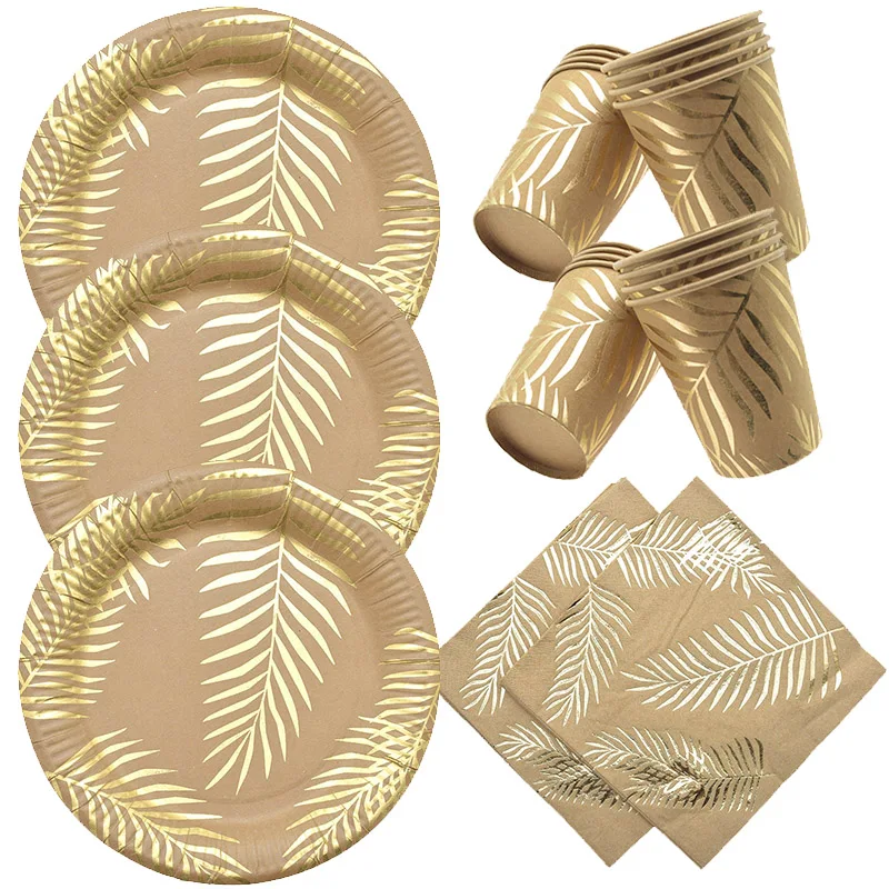 

Gold foil Tropical Palm Leaf Paper Plates disposable tableware Paper towel cup plate set Wedding birthday Holiday party decor