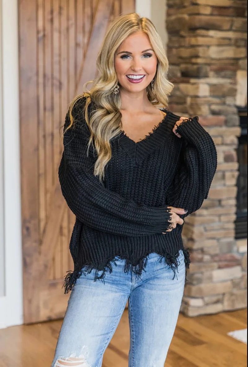 Autumn Winter Women Tassel Deep-V Knitted Pullover Female White Long Sleeve Knit Crochet Sweaters Cropped Jumper Pull Top | Женская