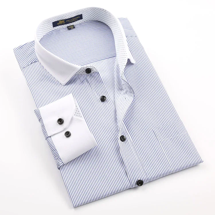 Long Sleeve Striped Men Dress Shirts Regular Fit White Collar Casual Social Shirt Asian Size XXL / 42