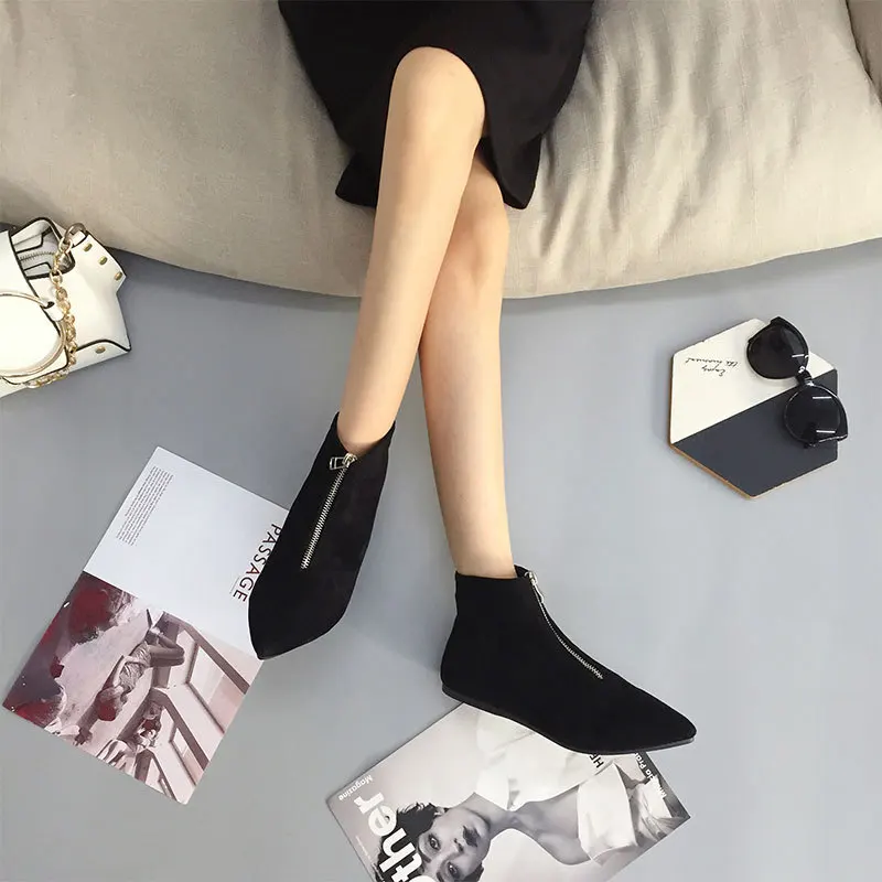 2020 флоковые ботильоны Женская Удобная зимняя обувь Нубук Молния спереди Плоская