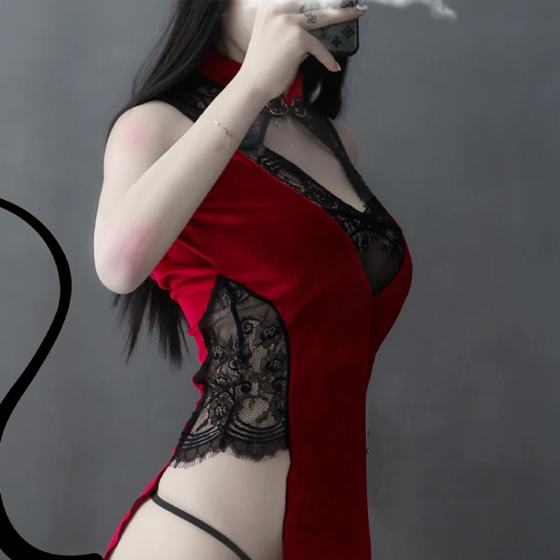 

New uniform temptation lingerie women's sexy Republican lace semi-perspective halter cheongsam suit