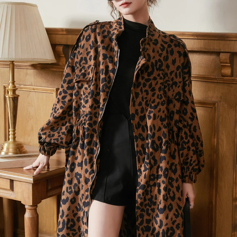 

Leopard Trench Coat Women 2021 Spring Fashion Zipper High Waist Slim Side Pocket Jacket Overcoat Female Mid-Long Loose Outwear