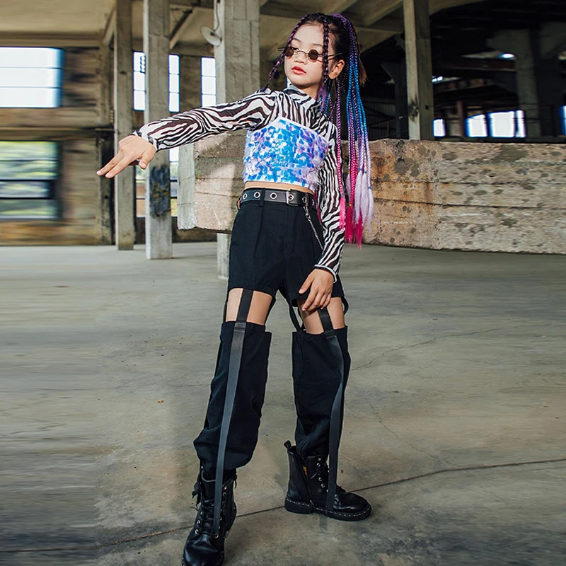 

Children Hip Hop Jazz Dance Costume Girls Streetwear Autumn Long Sleeve Sequins Tops Loose Hollow Out Pants Dancewear YS2428