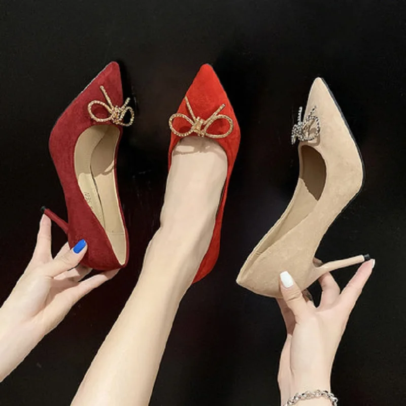 

2020 spring new ladies high heels wild comfortable shallow mouth bow bridal wedding shoes pointed toe thin women's shoes