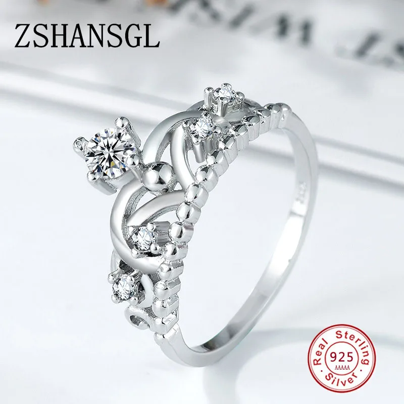 Модное кольцо на палец в виде короны принцессы из серебра 925 пробы с цирконом