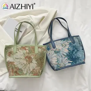 Vintage Women Lotus Oil Printing Canvas Handbag Tote Shopping Bag Casual Ladies Small Purse Pouch 2pcs Composite Bags