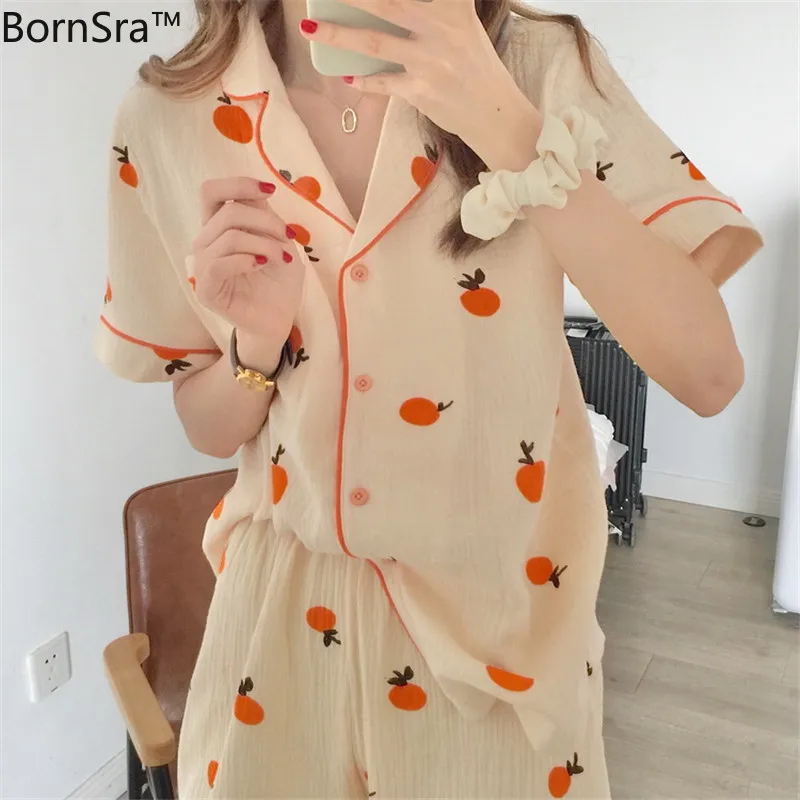Мягкая женская пижама BornSra новинка 2020 с фруктовым принтом Женский костюм из двух