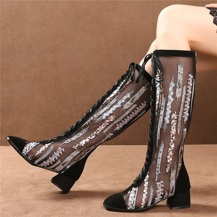 Женские сандалии гладиаторы до колена из коровьей замши блестящие цветы с