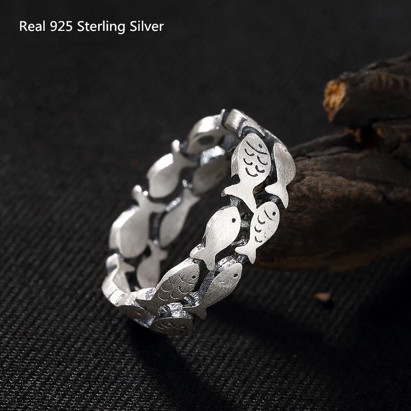 

925 Sterling Silver Unique Ring Vivid Two-row Small Fish Large Size Finger Ring for Women Men Wedding Jewelry