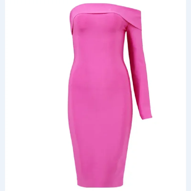 Европейское и американское модное розовое платье с одним словом длинным рукавом