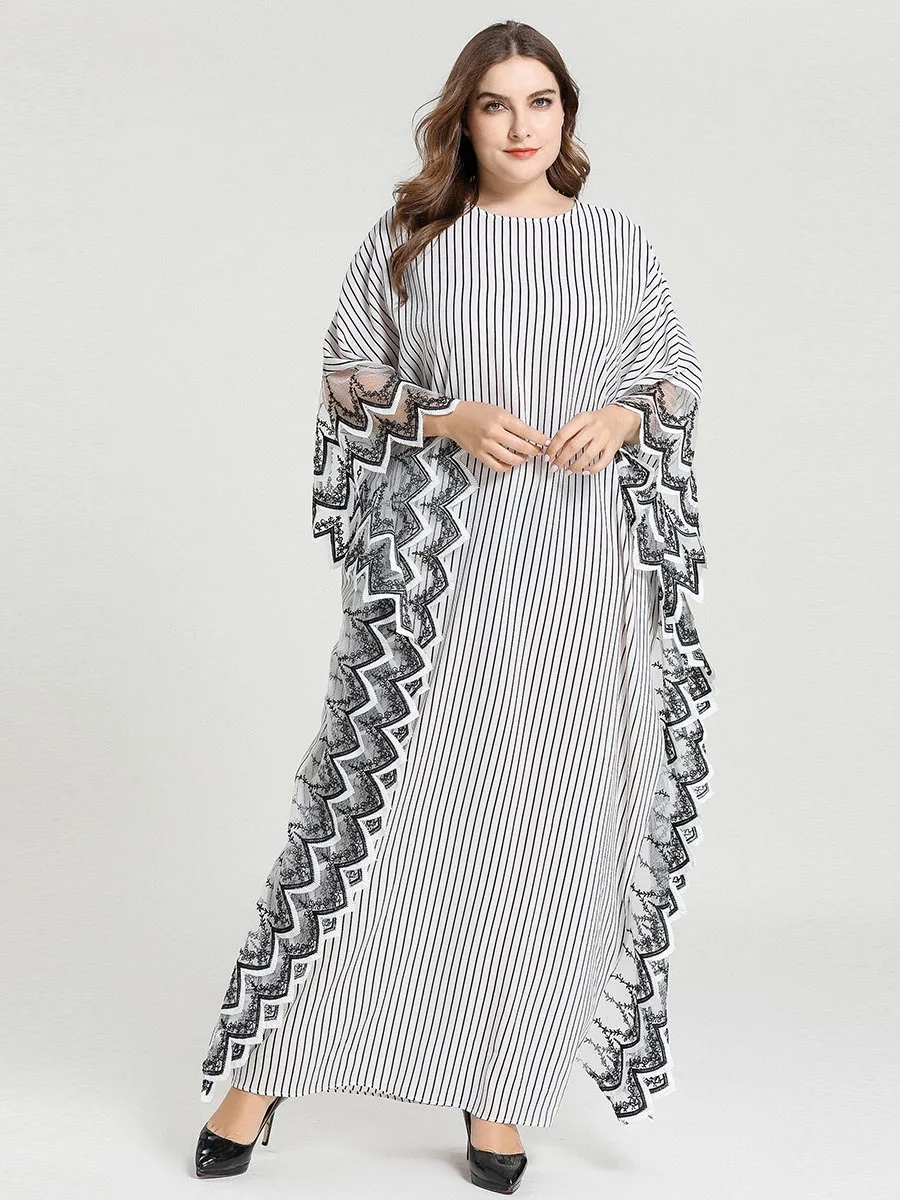 

Kalenmos Ramadan Arab Muslim Abaya Dress Women Loose Stripe Batwing Sleeve Hijab Robe Lace Stitch Burka Jilbab Islamic Clothing