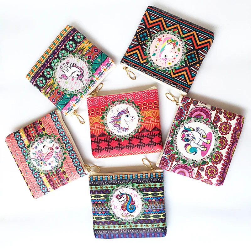 New Cute Flamingos Ethnic Style Grils Coin Purse Children PU Leather Zip Change Purse Women Wallet Animal Key Card Bag Kids Gift