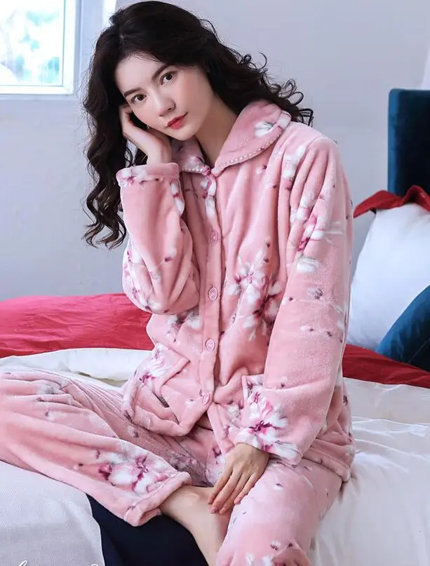StyleI H5823 плюшевый женский Пижамный костюм женский уплотненный коралловый флис Домашняя одежда Ночная Рубашка Фланелевая пижама с длинными рукавами Осень-зима - Цвет: StyleI