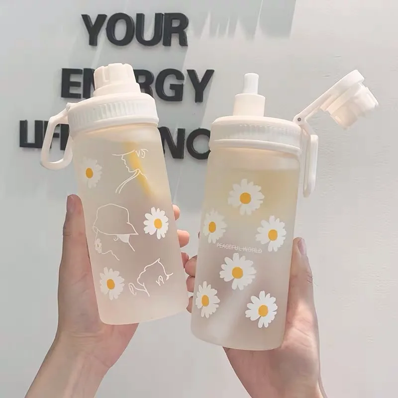 

Small Daisy Transparent Plastic Water Bottles 500ml With straw Creative Frosted Water Bottle With Portable Rope Travel Tea Cup