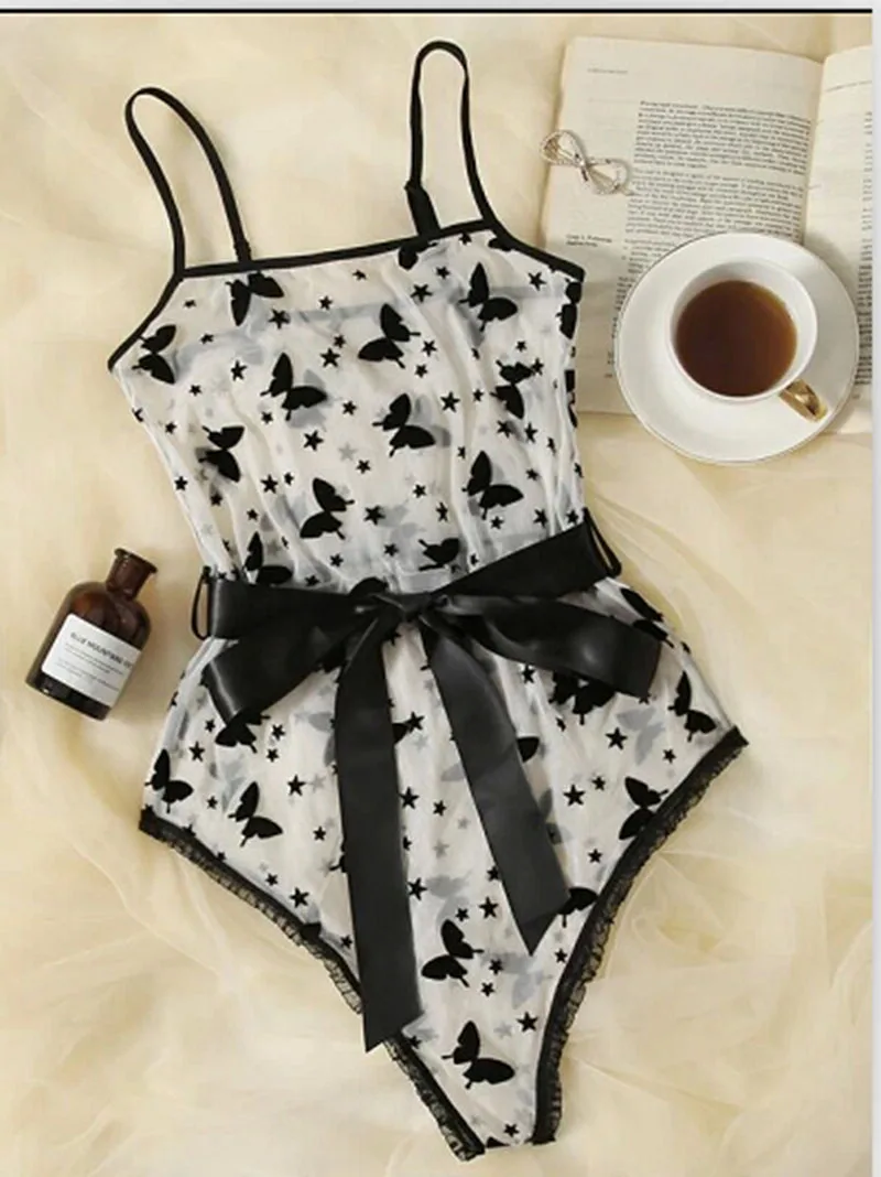 

Women's Sexy Lingerie Set Mesh Short Romper Lingerie Butterfly Print See Through Sling Jumpsuit With Waistband Babydoll Costume